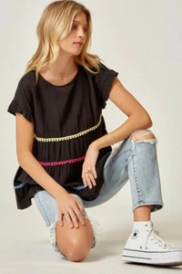 Andree By Unit Women's Lace Detail Ruffle Short Sleeve Top in Black Size Small - Picture 1 of 5