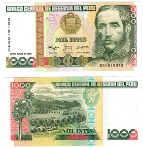 1988 Peru 1000 Intis P136b Banknote UNC - Picture 1 of 1
