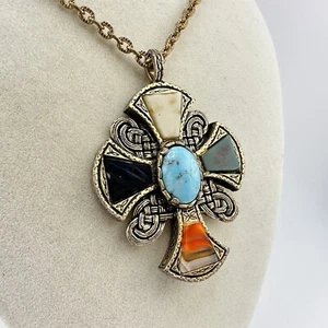 "Collar colgante cruz tono dorado con incrustaciones de ágata celta milagro vintage 23""" - Imagen 1 de 11