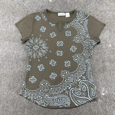 VINTAGE Energie Shirt Womens Large Green Knit Paisley Ribbed Knit AOP Cotton Y2K - Image 1 of 4