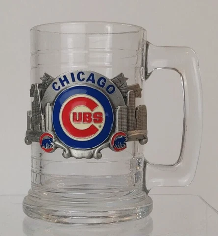 Chicago Cubs Beer Glass / Stein / Mug, 5 1/4 Inches Tall, Pewter Badge Cover