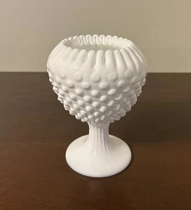Vintage Fenton Hobnail White Milk Glass Pedestal Compote Ribbon Pinched Edge - Picture 1 of 7