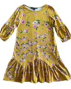 Three Pink Hearts Girls Dress Size Large 10/12 Yellow Floral Ruffle Mid Sleeve - Picture 1 of 5