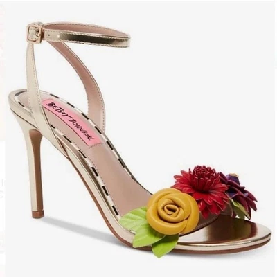 BETSEY JOHNSON Fleur Heels Gold Strappy Floral Flowers Femme Garden Size 8M - Image 1 of 4