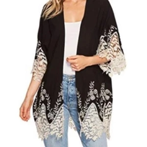Cejon NEW Crochet Lace Trim Rayon Boho Kimono Black/Ivory One Size - Picture 1 of 10