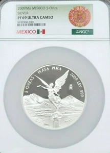 2009 MEXICO SILVER LIBERTAD 5 ONZA NGC PF 69 ULTRA CAMEO EXTREMELY RARE TOP POP - Picture 1 of 8