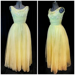 VTG 50's Sun Yellow Organza PROM Formal Gown XXS/XS Sequined Bodice Metal Zip - Picture 1 of 9