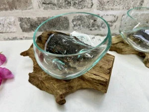 Round Molten Glass Bowl on Gamal Root Wood Base Ornament Rustic Pot Pourri Dish - Picture 1 of 12