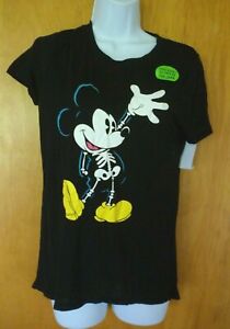 New Juniors S  Mickey Mouse Skeleton Halloween Black t-shirt glow in the dark