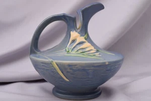 ROSEVILLE Art Pottery Blue FRESSIA Ewer Pitcher 19-6 White Flowers Excellent  - Picture 1 of 8
