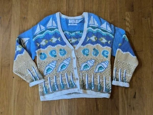 Robert Scott Sweater Cardigan Women Small Ocean Beach Hand Knit Novelty Vintage - Picture 1 of 11