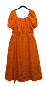 Grace Karin Eyelet Full Midi Dress Large Orange Puff Sleeve Long Boho Cottage - Picture 1 of 11