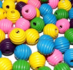 W519 Bright Mix Pink Yellow Green Purple Blue 16mm Fluted Round Wood Beads 30gm