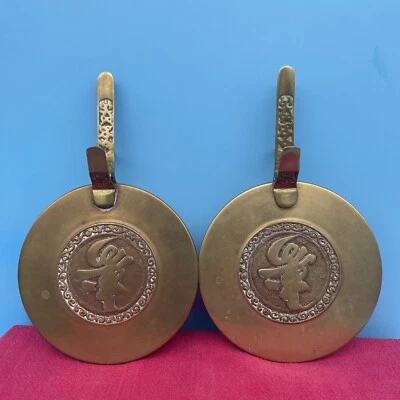 Calentadores de cama antiguos victorianos de latón cobre con mango chinos Foto 1 de 4