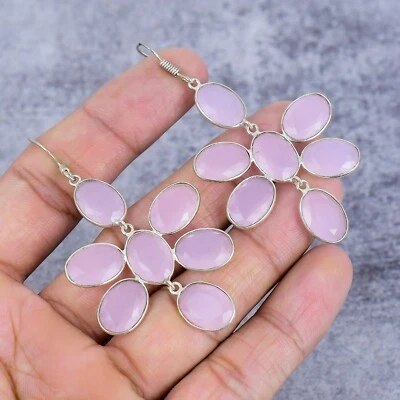 Elegante pendiente de flor colgante de joyería de plata de ley 925 con piedras preciosas de cuarzo rosa Foto 1 de 4