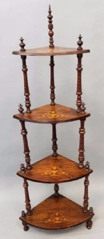 VINTAGE ANTIQUE MAHOGANY CORNER WHAT NOT SHELF W FLORAL URN INLAYS Cover