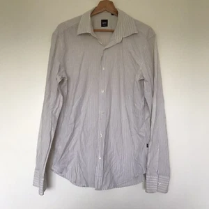 Camisa Hugo Boss Gris Blanco Rayas Manga Larga Calce Ajustado 100% Algodón Talla L Para Hombre - Imagen 1 de 10