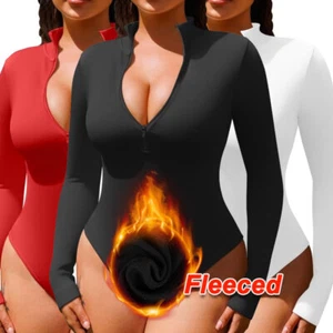 Women Mock Turtle Long Sleeve Bodysuit Shapewear Winter Warm Jumpsuits Tank Tops - Picture 1 of 23