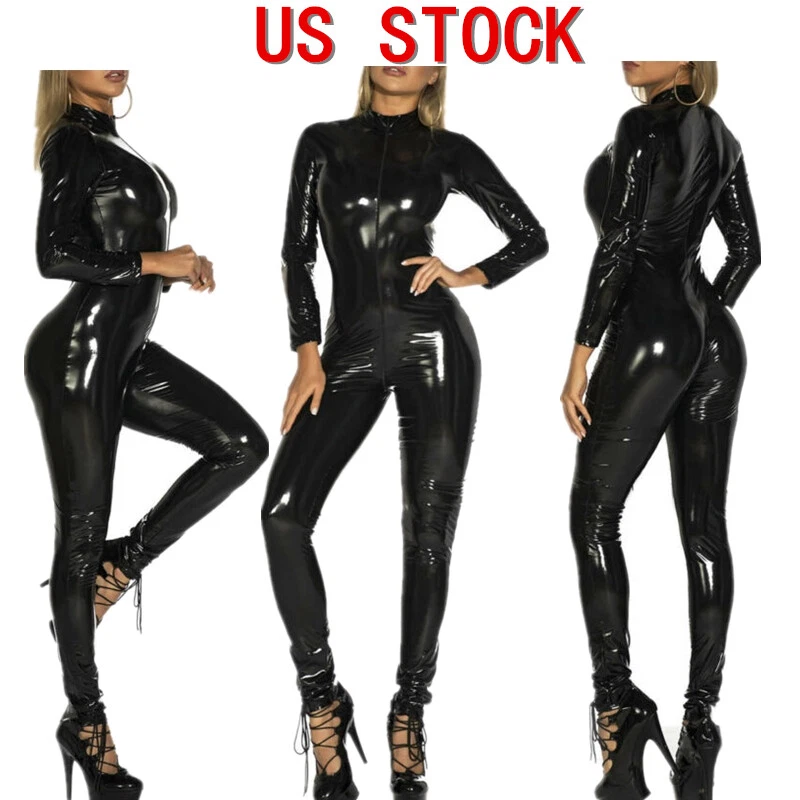 Women Wet Look Latex Jumpsuit Zip Front Bodysuit Full Body Leotard Catsuit - Photo 1/1