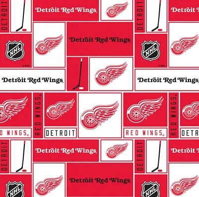 BTHY NHL Ice Hockey Detroit Red Wings Block Patch Prints Cotton Fabric BY 1/2 YD - Image 1 of 2