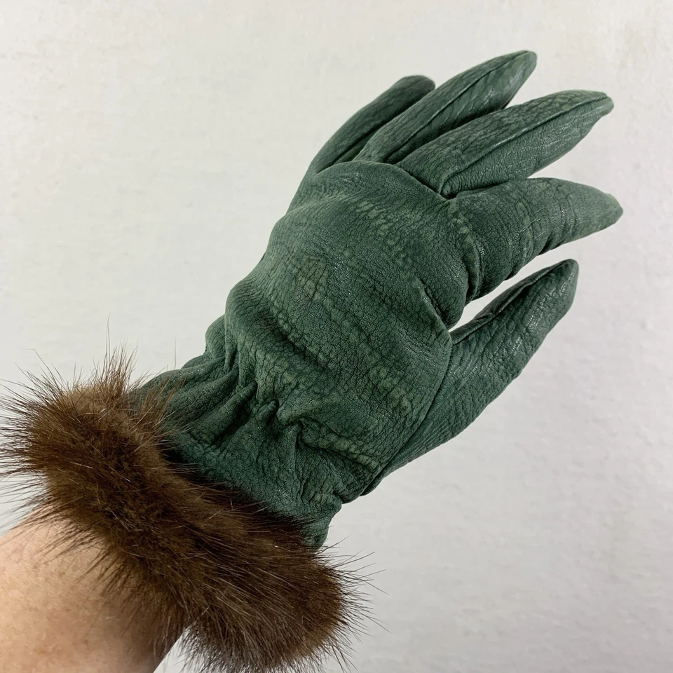 Guantes de cuero suave recortados de piel de cachemir vintage para mujer talla 7,5 verde Italia Foto 1 de 4