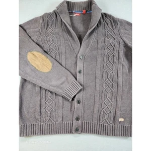 Izod Mens Sweater Cardigan XL Brown Elbow Patches Cableknit Fisherman Grandpa - Picture 1 of 6
