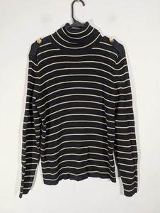 LAUREN Ralph Lauren Womens Black Gold Striped Knit Turtleneck Sz L Mature Preppy - Picture 1 of 7