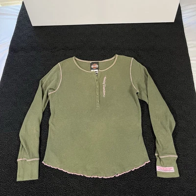 Винтажный Harley-Davidson женщин длинным рукавом крылья щит Henley мотоциклиста футболка Y2K - Изображение 1 из 4