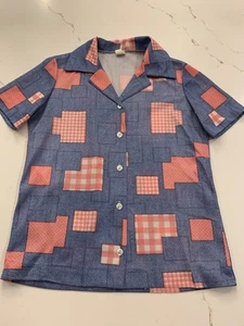 Vintage Short Sleeve Blue & Pink Patchwork Disco Era 70s Mod Hipster Size Large - Picture 1 of 9
