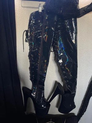 "Botas de aguja exóticas hasta el muslo con cordones/cremalleras 8""" Foto 1 de 2