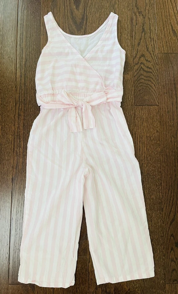 Carter’s Girls 7 粉色和白色条纹绑带连身裤 二手状况完好 — 第 1/4 张图片