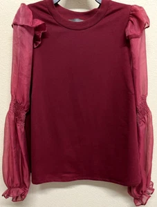 ANTHROPOLOGIE English Factory Ruffled Sleeve Blouse Size 1X Wine Red Mix Organza - Picture 1 of 11