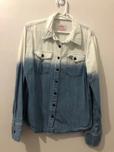 Justice Girls Sz. 7 Denim Look Button Down Jewel Collar Shirt Top Long Sleeve - Picture 1 of 3