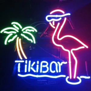 Tiki Bar Pink Flamingo Palm Tree 24"x20" Neon Sign Light Lamp Real Glass Artwork - Picture 1 of 2