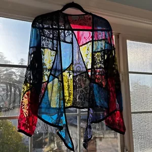 Chicos Sheer Patchwork Kimono Cardigan Lace Velvet Burnout Size 1 S / M Silk - Picture 1 of 9