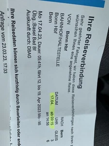 IC/EC DB Zug Ticket von Bonn nach Bern, Montag 17.04. Um 9:15h - Bild 1 von 1