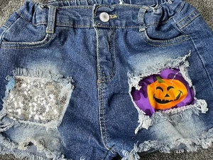 Pantalones Cortos de Denim Shein Halloween Niñas Rasgados Desgastados Cortes Talla Grande/X Grande - Imagen 1 de 4