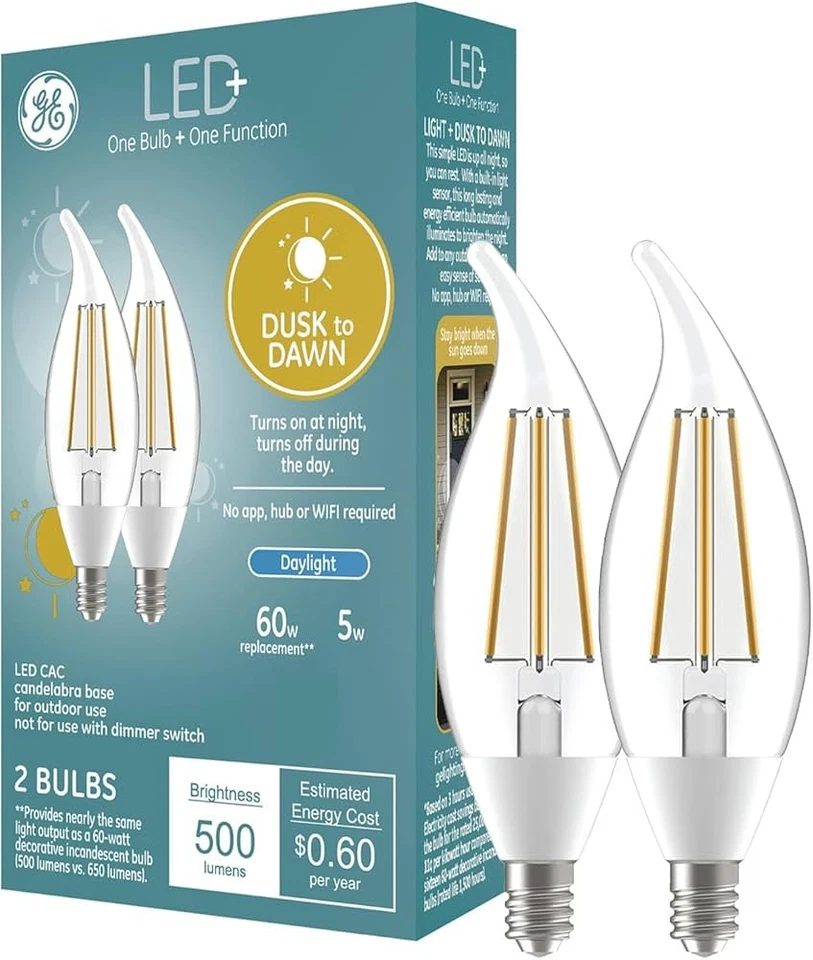 GE 2 Box LED+ Light Bulbs Daylight Dusk to Dawn Candelabra 5 W ~ 2 pk ~ 93121491 - Image 1 of 1