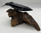 John Perry Black Blue Whale On Wood Sculpture 4” X 6”