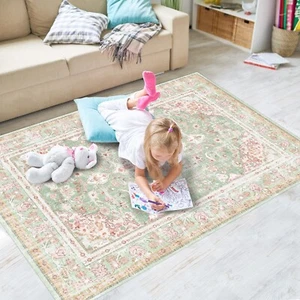 Washable Area Rugs Boho Vintage Modern Neutral Small Carpet Green and Pink Hi... - Picture 1 of 6