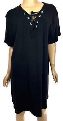 Vestido recto negro Carmen Marc Valvo talla 1X 100 % algodón manga corta cuello con cordones Foto 1 de 4