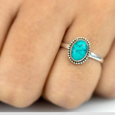 Blue Turquoise Gemstone 925 Sterling Silver Ring Handmade Gift For Her  A-522 - Image 1 of 4