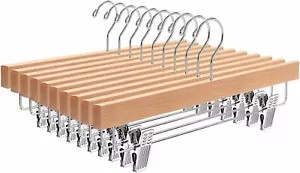 10 Pack Natural Wooden Pants Hangers with Clips, Wood Skirt Hangers Trouser Hang - Picture 1 of 6