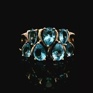 10KT Yellow Gold 7 Blue Topaz Gemstones Ring - Size 8.75 - 3.54g - Picture 1 of 9