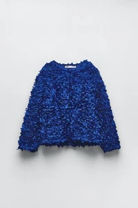 ZARA BLUE TEXTURED WEAVE KNIT CARDIGAN FLOWER PETAL JACKET SIZE SMALL 2488/011 - Picture 1 of 5