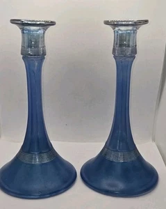 Vintage Indiana Glass Blue Satin Frosted Candlesticks - Picture 1 of 8