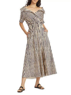 NEW Altuzarra 12 44 Lydia Off-the Shoulder Sparrow Black Striped Cotton Dress - Image 1 of 4