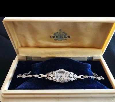 Антикварные женские часы Hamilton с платиновым бриллиантом с чехлом - Изображение 1 из 4