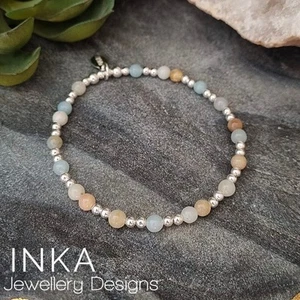 925 Sterling Silver bead Amazonite Boho Stacking Bracelet By INKA - Picture 1 of 9