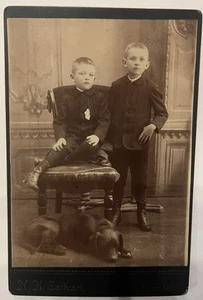 N. H. Catheart Flint Michigan Boys With Beloved Dog Cabinet Card Brothers Rare - Picture 1 of 9